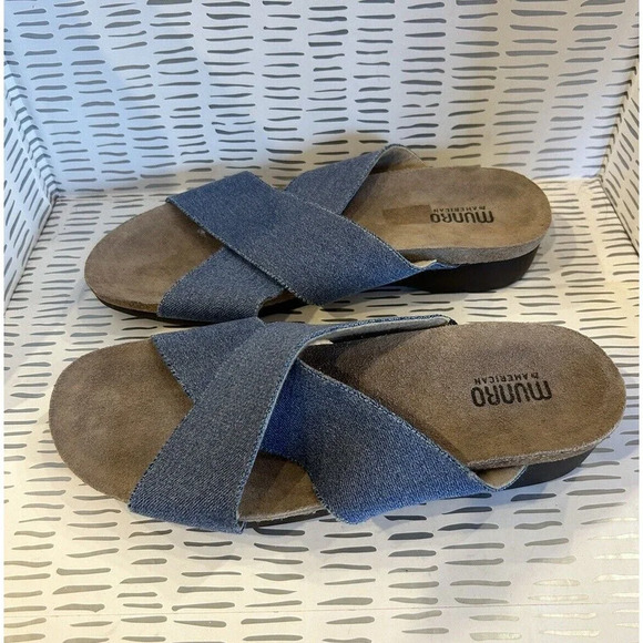 Munro Extra Light Walking Wedge Blue Denim Cork Cross Slip On Flats Sz‎ 10 - Picture 2 of 8
